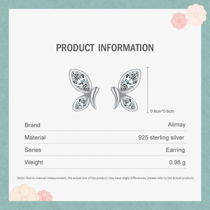 Ailmay top kwaliteit echt 925 sterling zilver mooie charme vlinder oorknopjes mode clear cz stud oorbel voor vrouwen sieraden