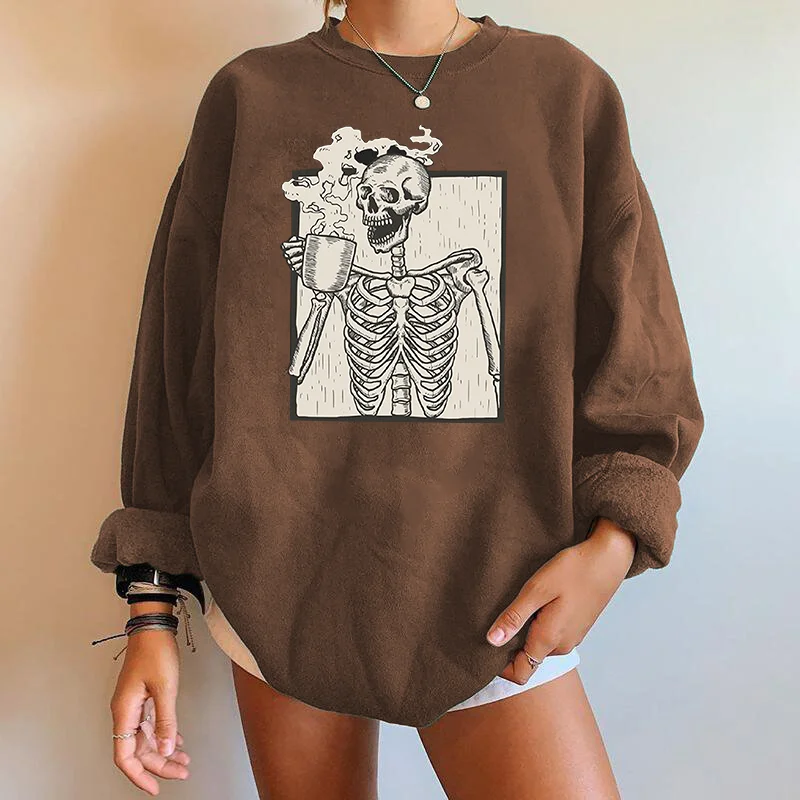 Seeyoushy Drinking Tea Skull Skeleton Funny Women Sweatshirts Pullovers Y2K Sweatshirts Top Clothes Winter Moletom Feminino 2023