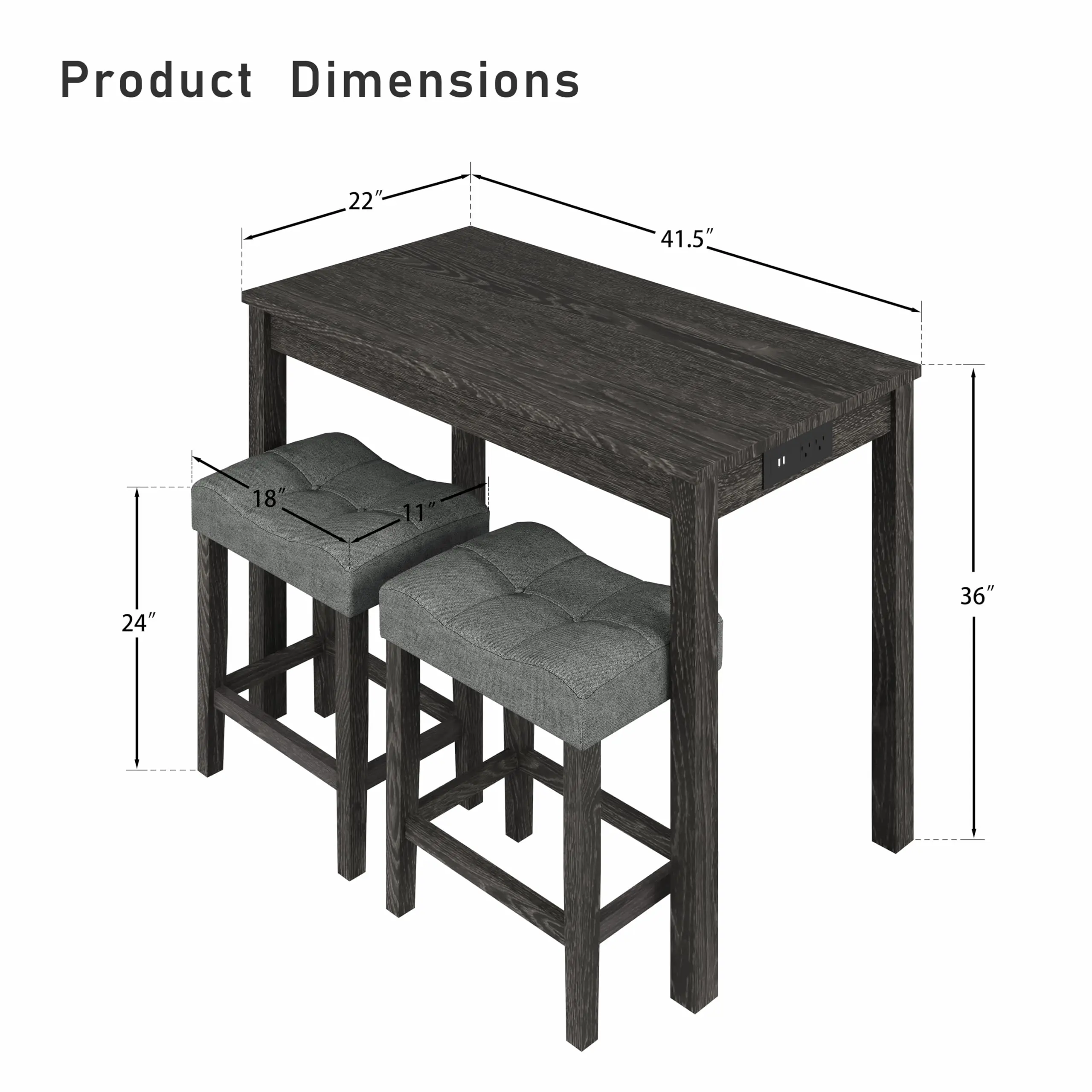 3-Piece Counter Height Bar Table Set with Socket and 2 Fabric Padded Bar Stools, Tall Kitchen Breakfast Dining Table