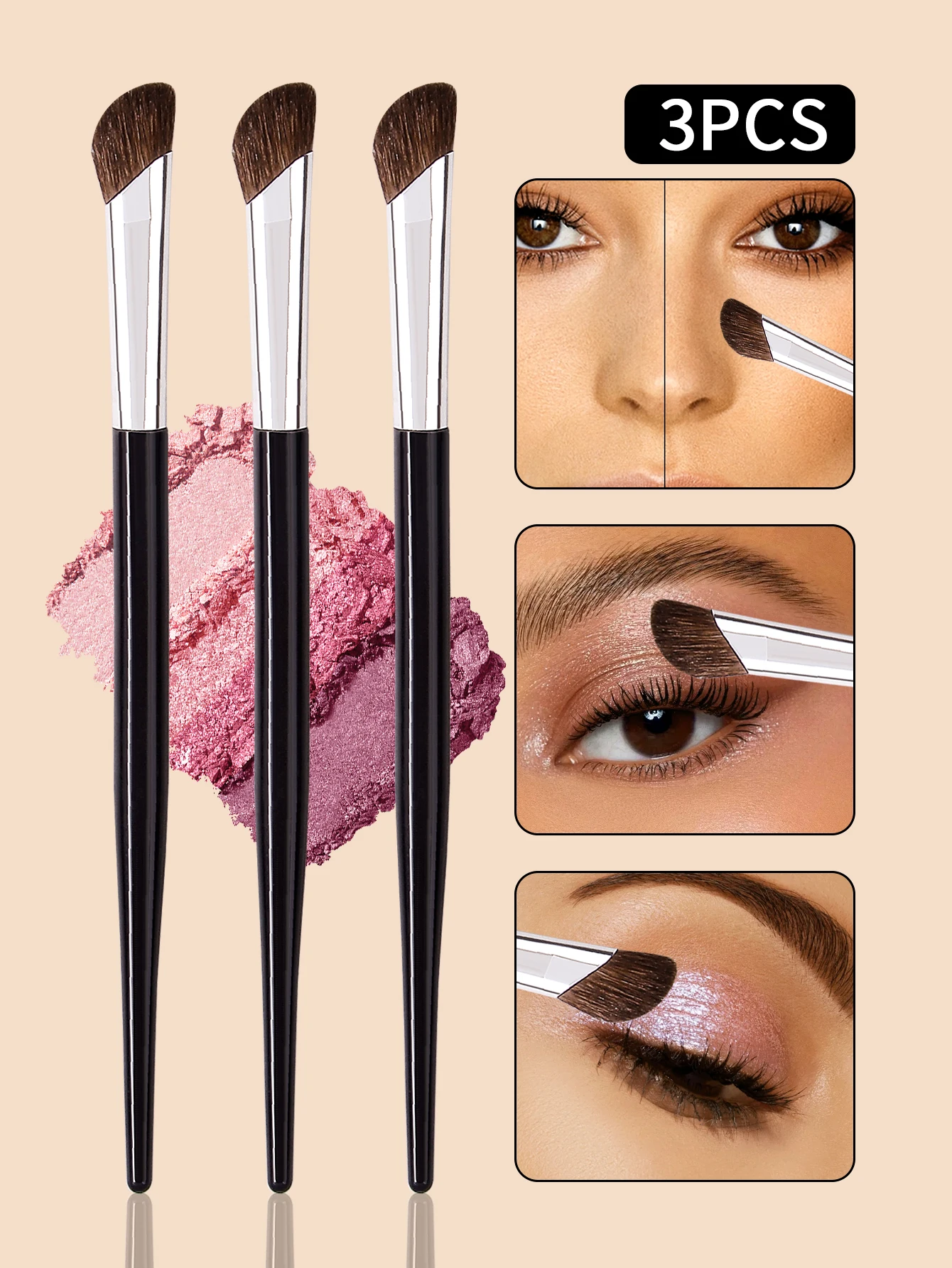 3 PCS Pincel de contorno de nariz em ângulo em forma de foice feito com pêlos de cavalo naturais para aplicação precisa de maquiagem