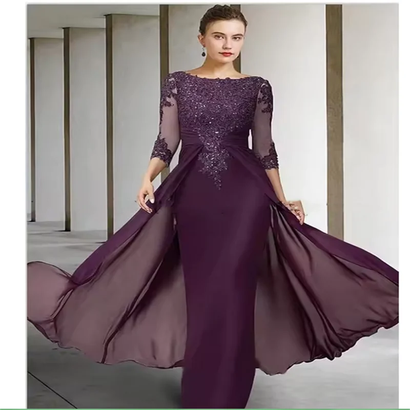 

Long Sleeve Mother Of The Bride Dresses For Weddings Big Size Chiffon Formal Lace Applique Evening Party Guests Dress customized