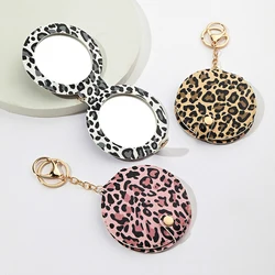 Leopard print makeup mirror keychain pendant with PU leather double-sided mirror Key Chains for bag decoration