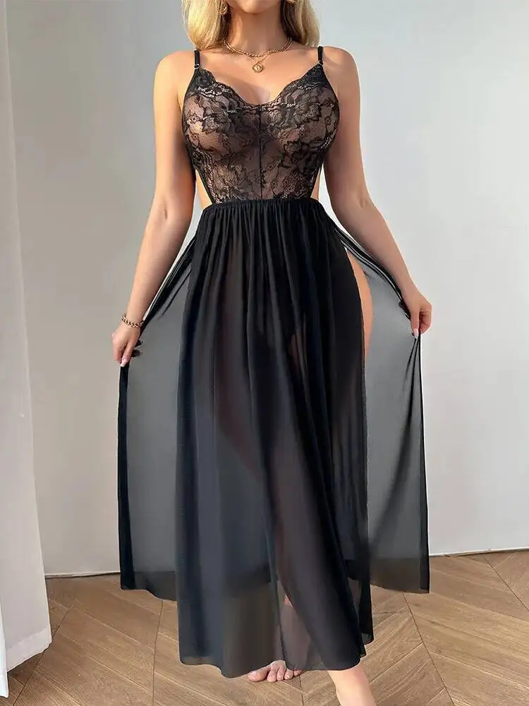 Sexy Erotic Nightdress for Women Lace Temptation Strap Dress Nightgown Sheer Dress Long Dress R5EL