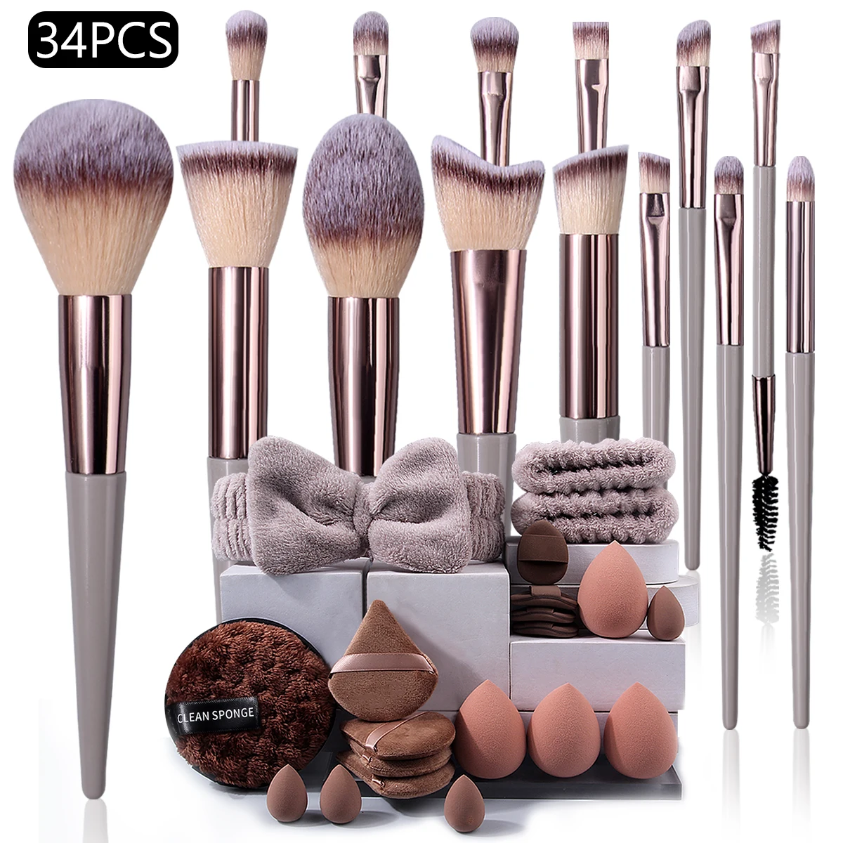 34 Uds. Herramientas de belleza de alta gama: juego de brochas de maquillaje multifuncionales de 14 Uds + juego de limpieza de esponjas de maquillaje de 20 piezas