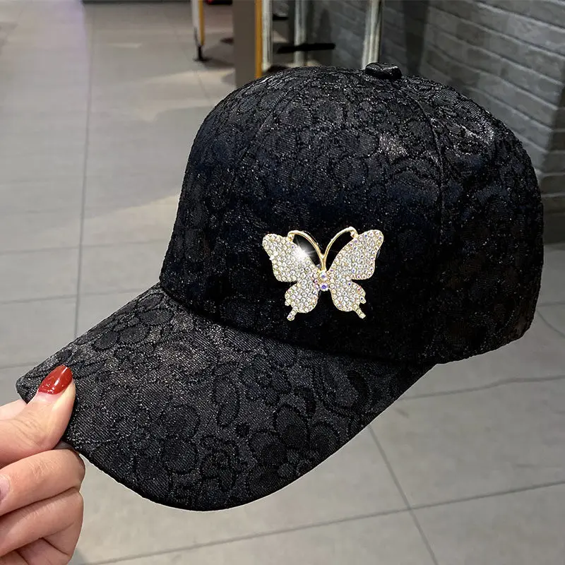 Women\'s Glittering Rhinestone Baseball Cap, Butterfly Decoration, Casual Caps, Adjustable, Outdoor Hats, New Fashion, Summer