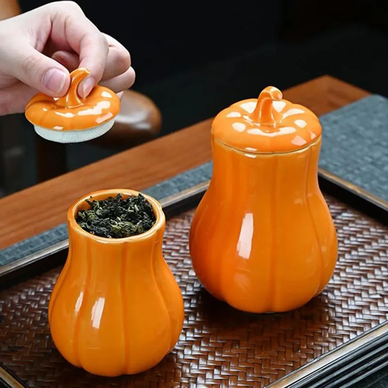 Sealing Storage Canister Ceramic Pumpkin Jar with Lid Dried Fruits Loose Tea Homeowners Collectors Kitchen Festival Decorations