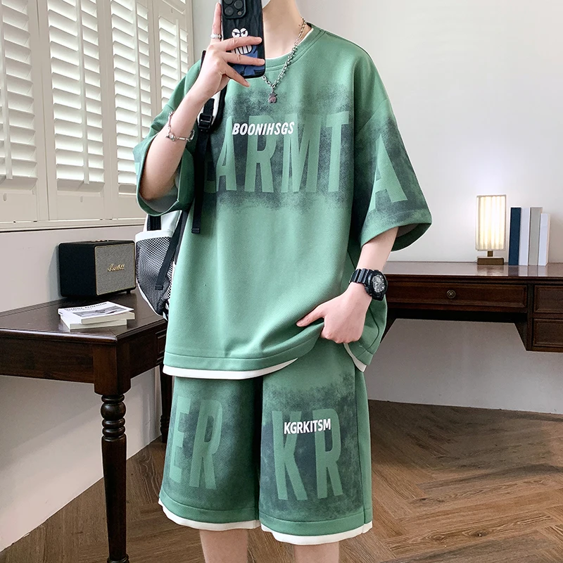 

Men's Casual 2-Piece Sportswear Set Streetwear Fashion Tracksuit T-shirts and Shorts Camping Clothes Beach Pant New Beachwear