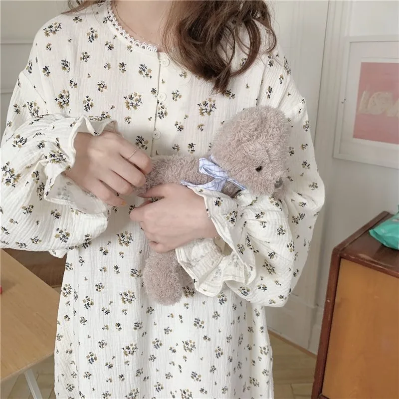 

Floral Women Nightgown Autumn Sleepwear Long Sleeve Night Dress Korean One Piece Pajamas O-neck Nightwear Lace Sleeping Wear New