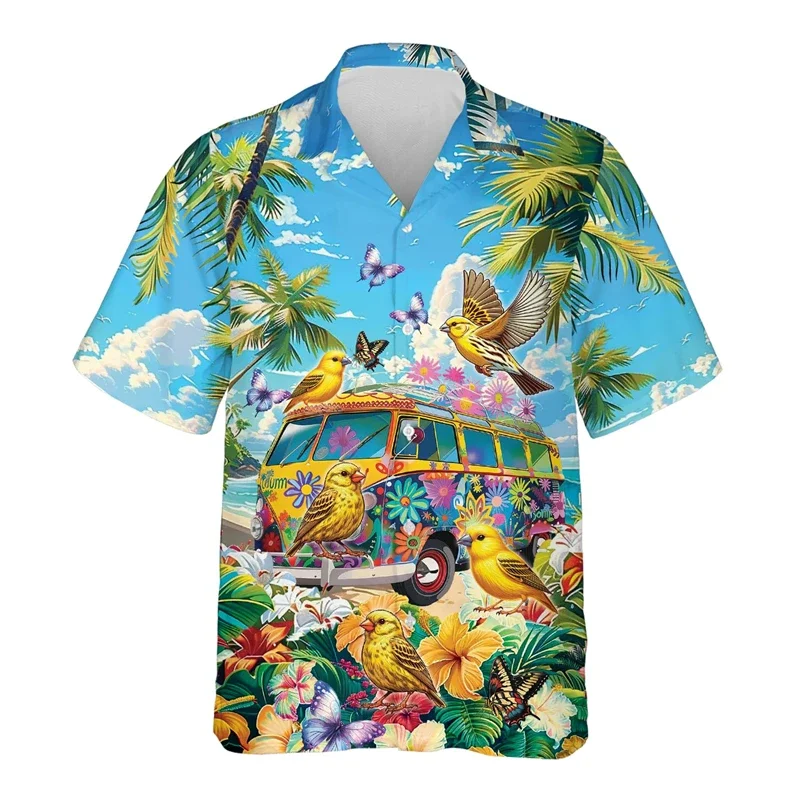 Hawaiian hippie bus bird 3D printed men's beach shirt, Aloha holiday flamenco graphic shirt, Tucan Lovebird clothing