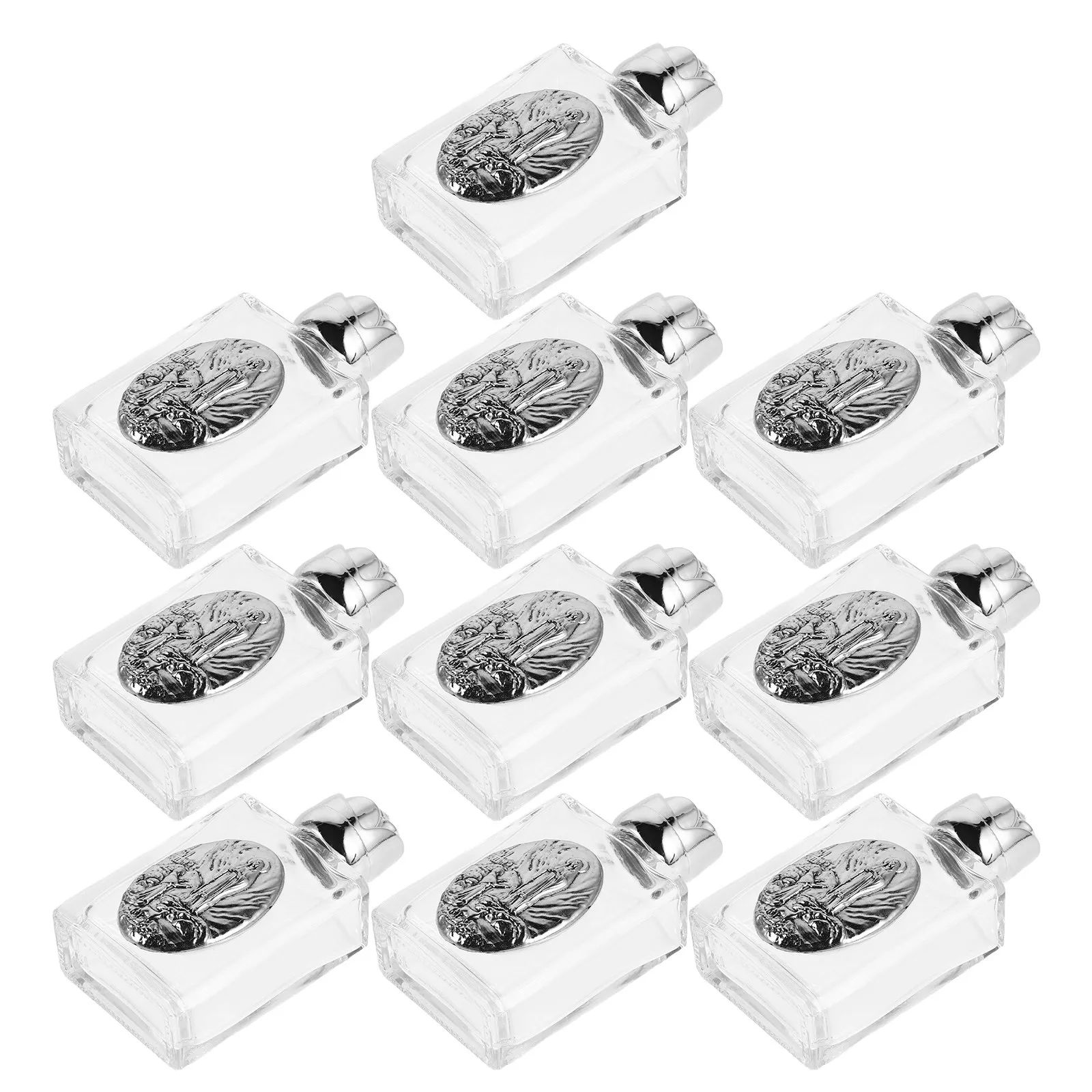 10Pcs Embossed Alloy Holy Water Bottles 15Ml Mini Travel Catholic Glass Containers for Baptism Church Spiritual Events