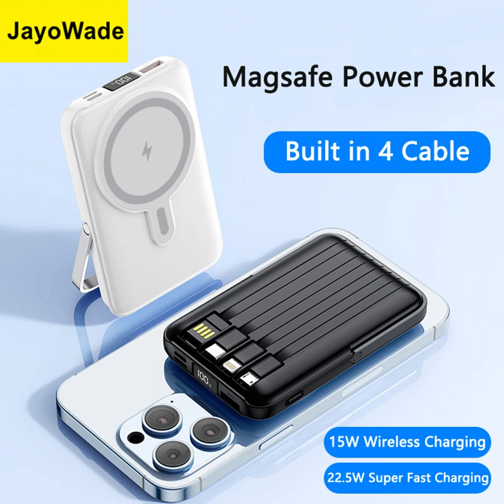 

JayoWade Новый 20000 мАч для Magsafe Power Bank Магнитный беспроводной внешний аккумулятор с подставкой для кабеля для iPhone 16 Pro Max 15 14 13 12 11