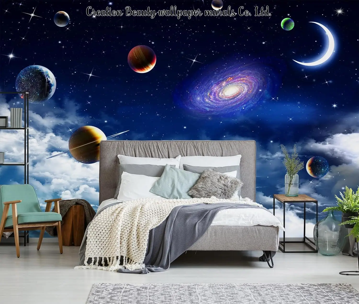 宇宙銀河惑星壁紙青空星月天井壁壁画リビングルーム寝室の壁の装飾用パペルデパレデ