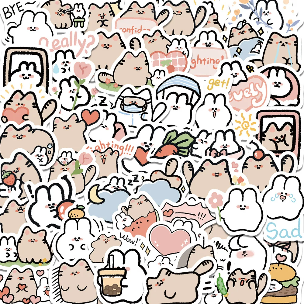 

60PCS Kawaii Cat & Rabbit Stickers Vintage Design for DIY Kids Animal Decals Notebooks Laptops Refrigerators Cute