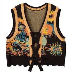 Gilet lavorato a maglia con stampa girasole con scollo a v retrò da donna primavera autunno senza maniche