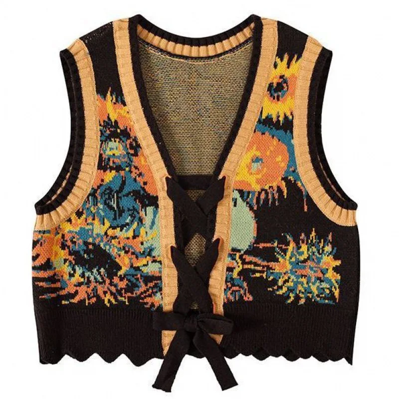 Spring Autumn Womens Retro V-neck Sunflower Printed Knitted Vest Sleeveless Tie Up Waistcoat