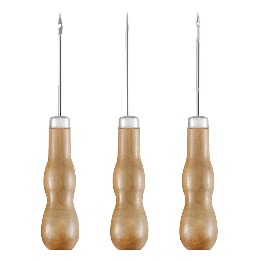 3 Pcs Manual Awl Wood Handle Sewing Awls Prickers Anti-scratch Stitching