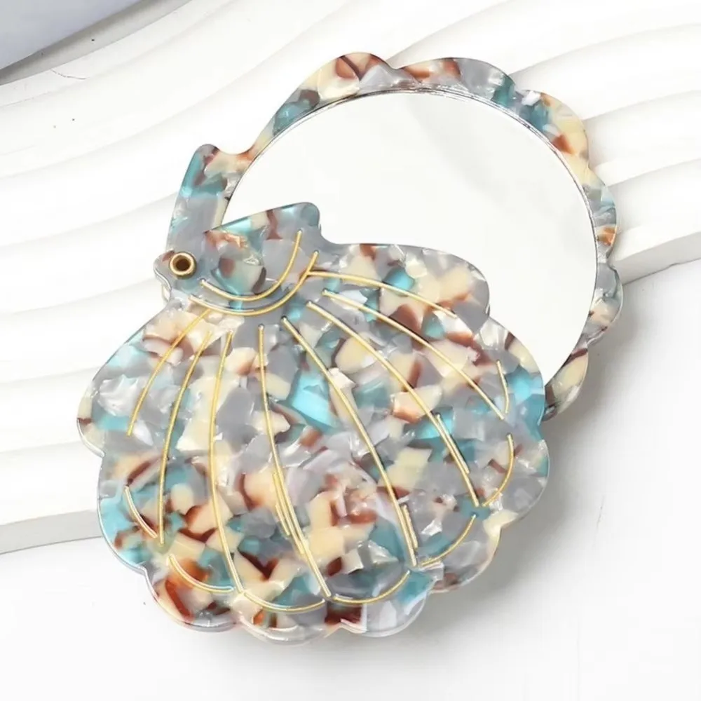 Travel Shell Shape Makeup Mirror Folding Acetic Acid Cosmetic Mirror Handheld Lightweight Small Mirror Women Girls