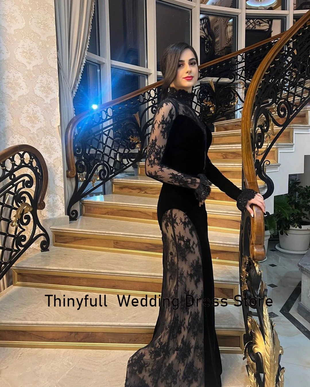 Thinyfull Elegant Mermaid Prom Dress High Neck Lace Long Sleeves Evening Party Dress Celebrity Gowns Vestidos De Noche 2023