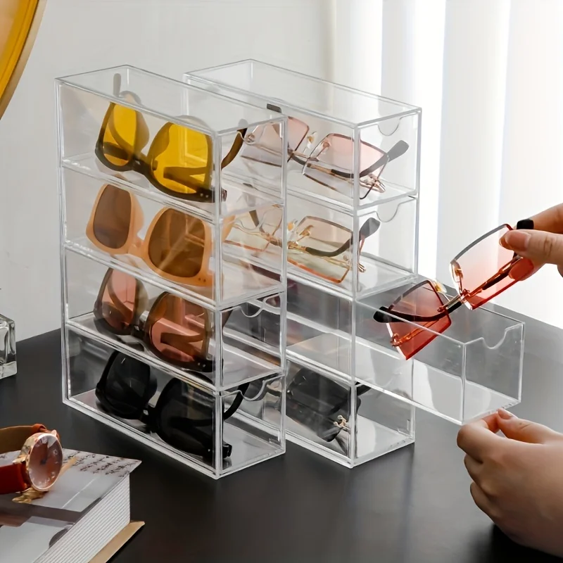 

Acrylic Transparent Women Glasses Storage Box, 4 Grid Dustproof Eyeglass Organizer, Desktop Clear Sunglasses Jewelry Box