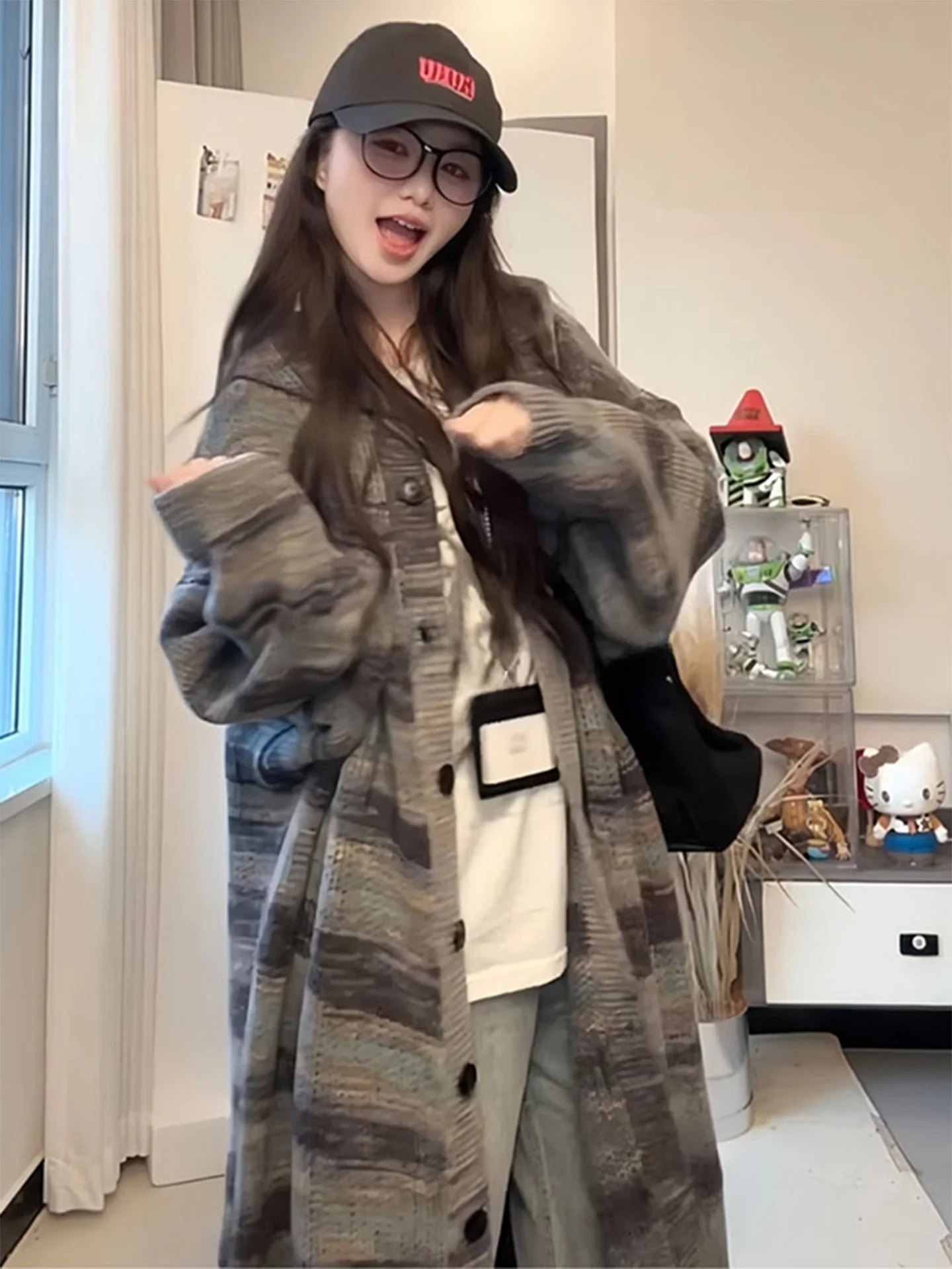 

ROUJE KEFSS Vintage Striped Knitted Open Cardigan Women's Autumn Winter Medium Length Loose Hooded Sweater Jacket