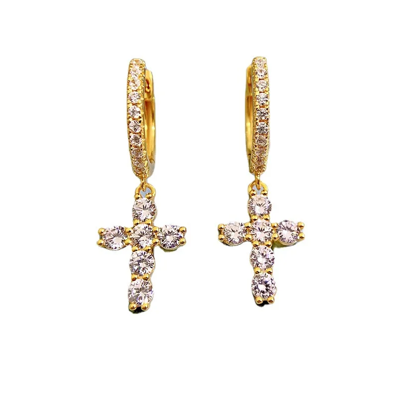 PANSYSEN nowa luksusowa 925 Sterling Silver High Carbon Diamond Cross Shape wiszące kolczyki 18K Yellow Gold Plated Fine Jewelry