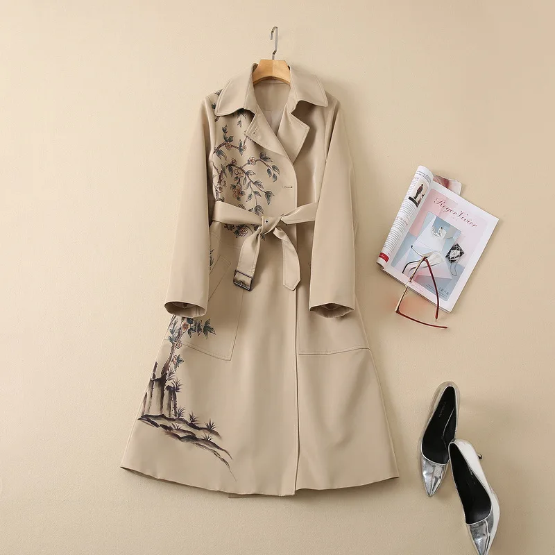 

New European and American women's wear for winter 2022 Printed collar for long sleeve suit Fashion belt khaki trench coat XXL