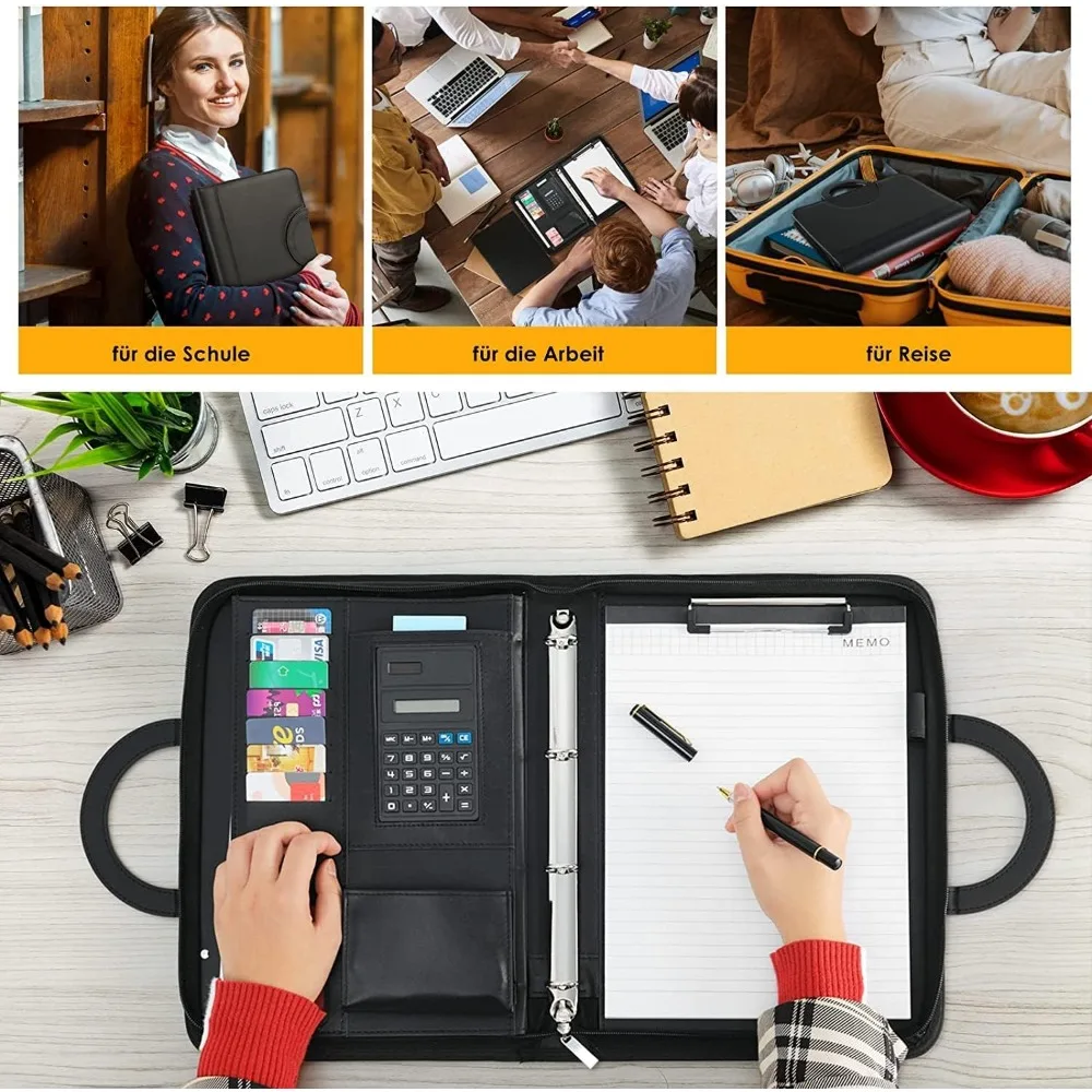 Porte-documents A4 en cuir PU imperméable avec bloc-notes, stylo, organiseur de documents multi-poches avec poignée pour réunion, entretien, voyage d'affaires, cours, bureau, cadeau de Noël, d'anniversaire
