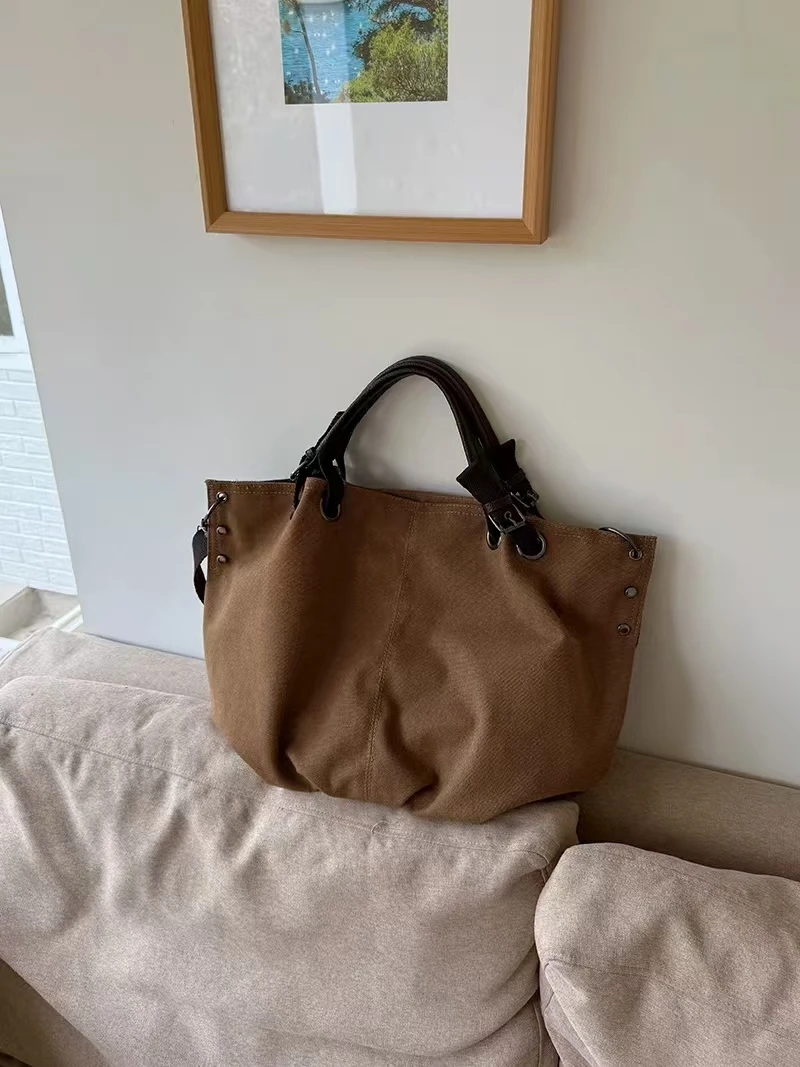 Retro Japanese Style Canvas Tote Bag Large Capacity Single Shoulder Slant Cross Student Commuting Handbag British Style Sewin...