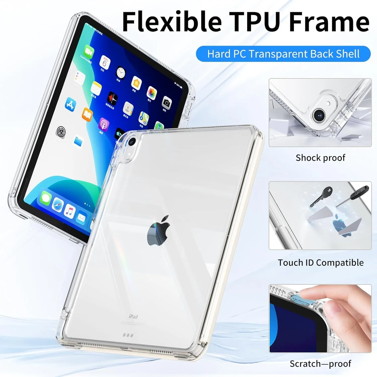 RBP for iPad A16 10/11th 10.9 with Clear Hard Back Shell Case, iPad Pro 11 12.9 M2 M3 mini 6 Air 4/5/6/7 Detachable Sliding Case