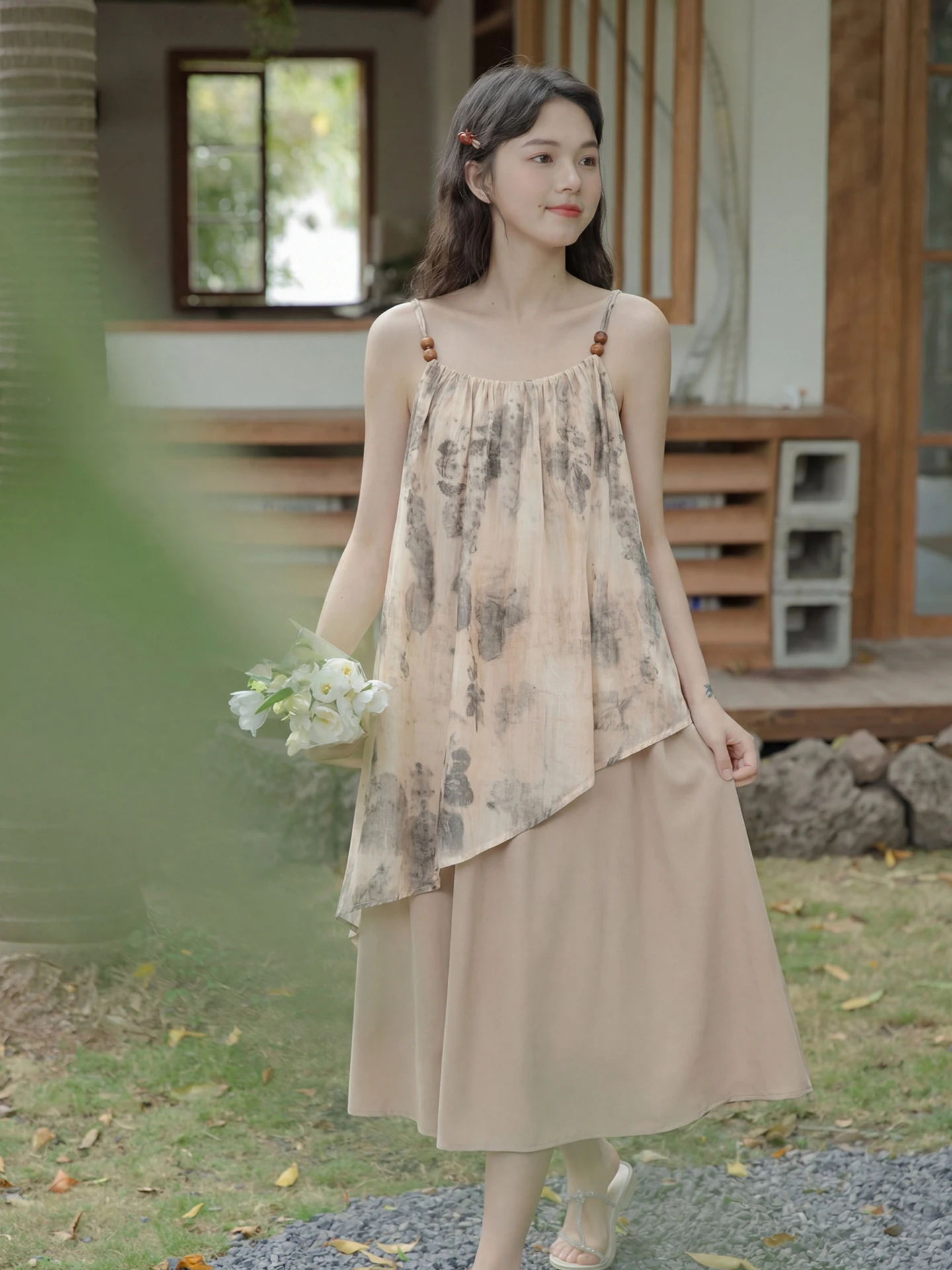 

Ретро-платье с эффектом пэчворк и тай-дай, женское летнее, новое, в стиле дзен, имитация двух частей, А-силуэт, длинная юбка, корейский стиль, свободный крой