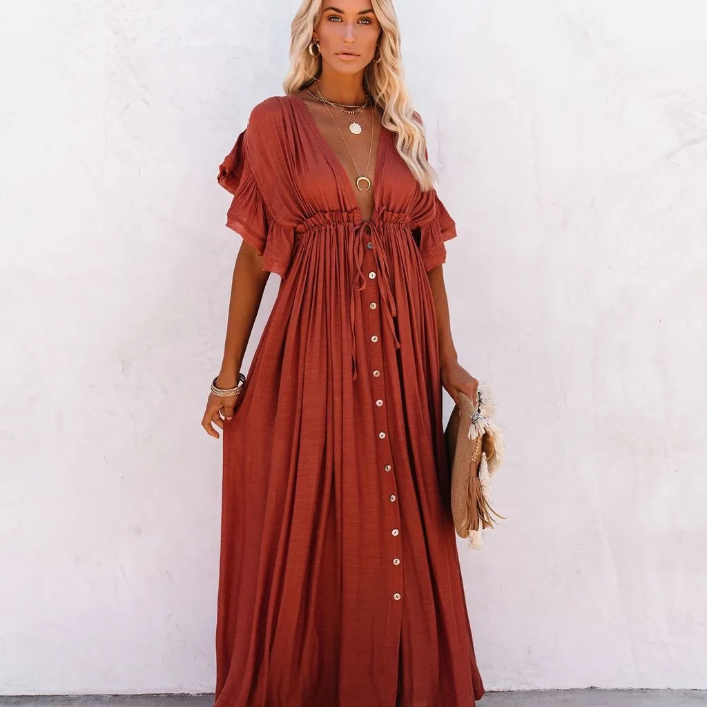 2024 Summer Long Bikini Cover Ups for Women Solid V-Neck Kimono Beach Dresses Lace Up Anti-Sun Swim Dress Bohemian Sarong Skirt