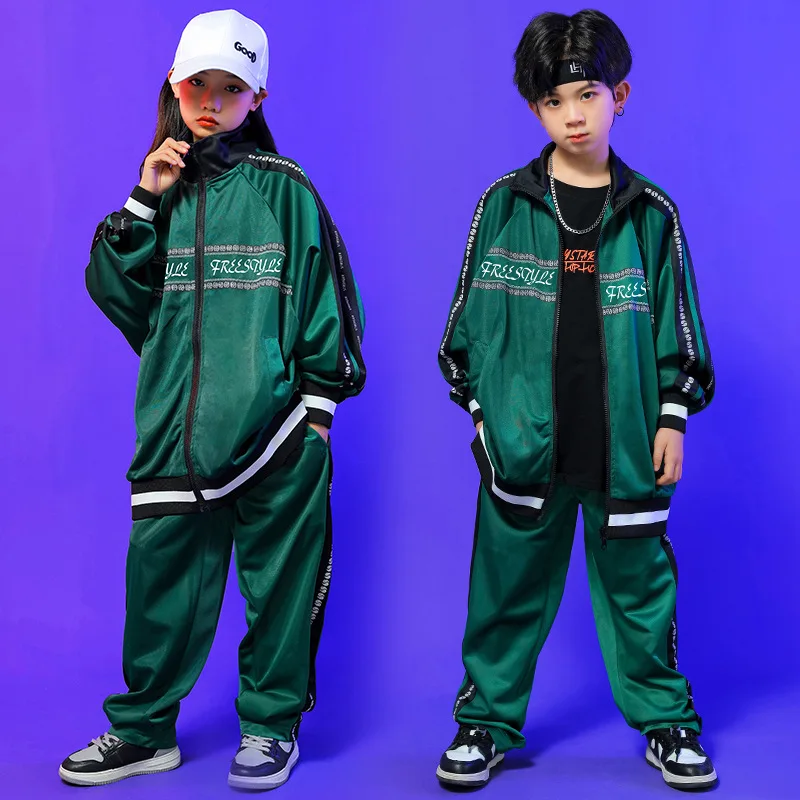 Kids Kpop Hip Hop Clothing Green Print Oversized Shirt Jacket Sweat Pants for Girls Bosy Jazz Dance Costume Clothes Outfits