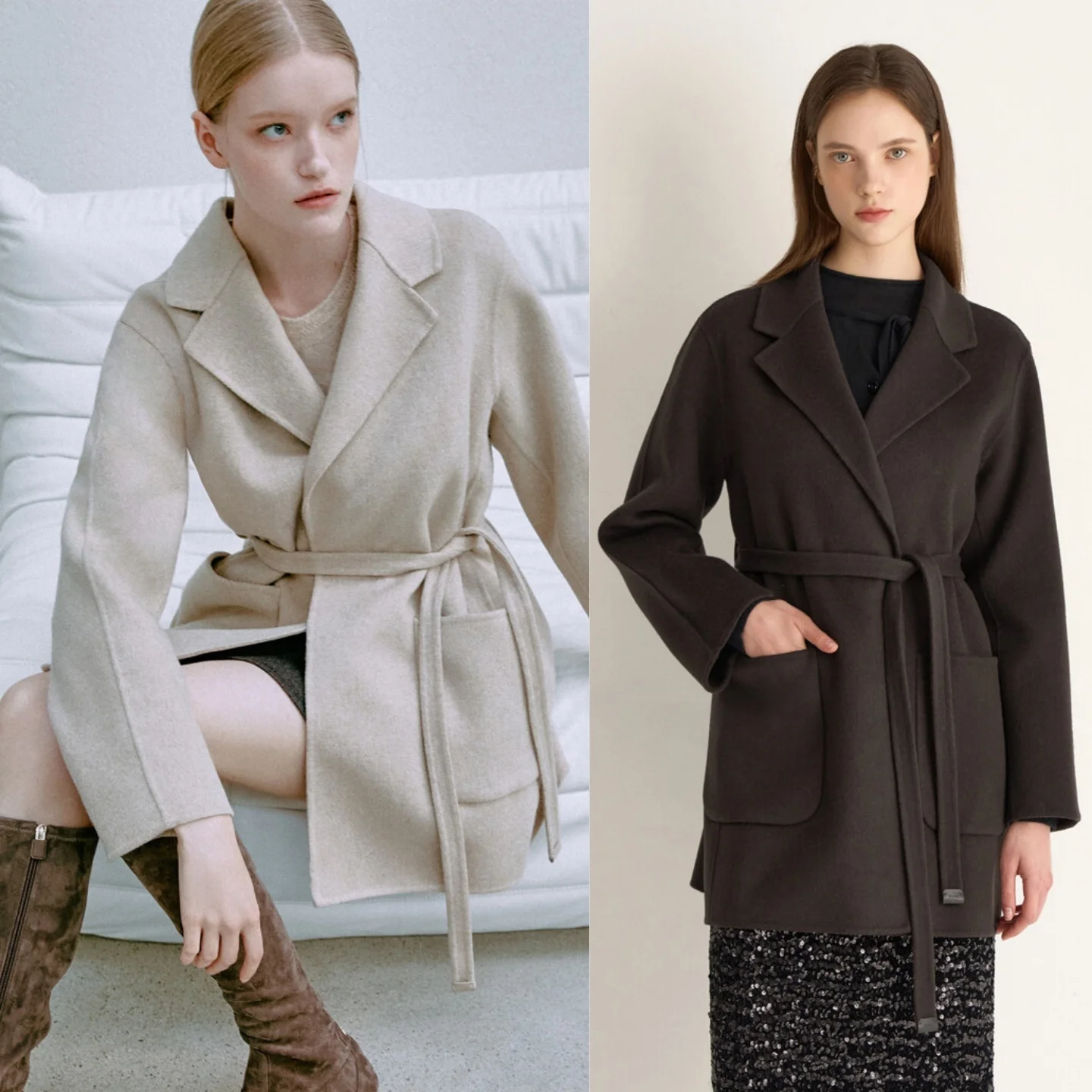 

Double-Sided Hand-Stitched Camere Coat with Collar And Waist Belt for Commuting Korean Sle Pure Color Thi Winter Outerwear