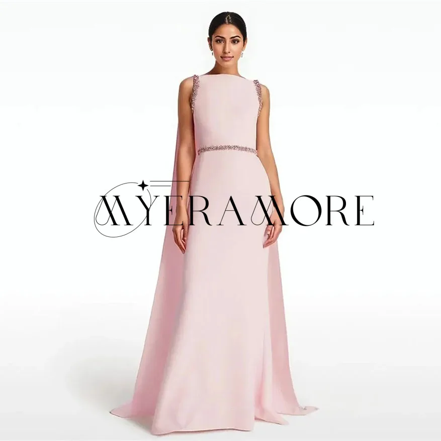 

Elegant Pink O-Neck Evening Dresses Beaded Sleeveless Button Shawl Prom Dresses Customized فساتين سهرة
