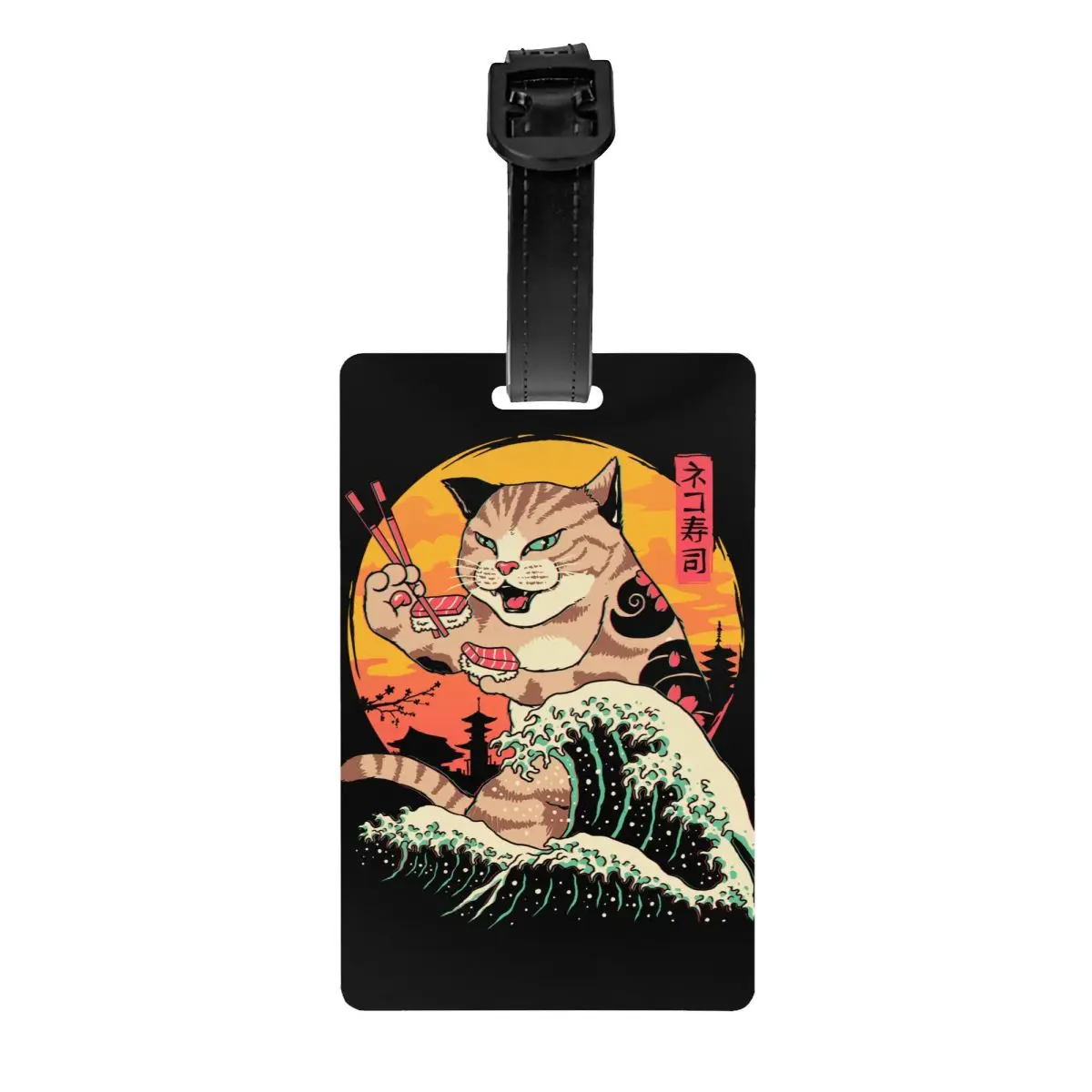 Custom Japanese Cat Luggage Tags for Suitcases Cute Neko Sushi Kanagawa Wave Baggage Tags Privacy Cover ID Label