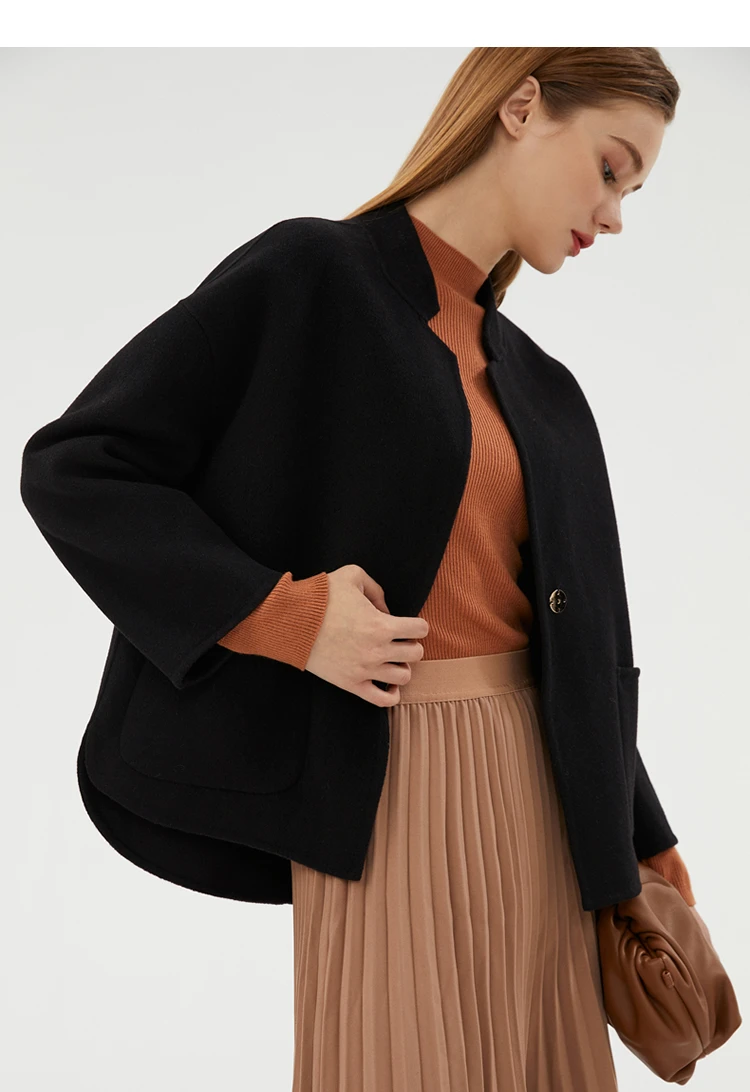 CAIXINGLE Herbst- und Winterneuer Damenmantel 100% Reine Wolle Wendbarer Wollmantel Stehkragen Schwalbenschwanz-Damen-Crop-Top – Detail 21