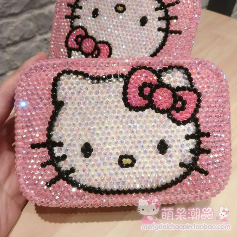 New Kawaii Productos Hello Kitty Full Diamond Handmade Jewelry Box Princess Box Earrings Ring Storage Case Gift for Women Girls