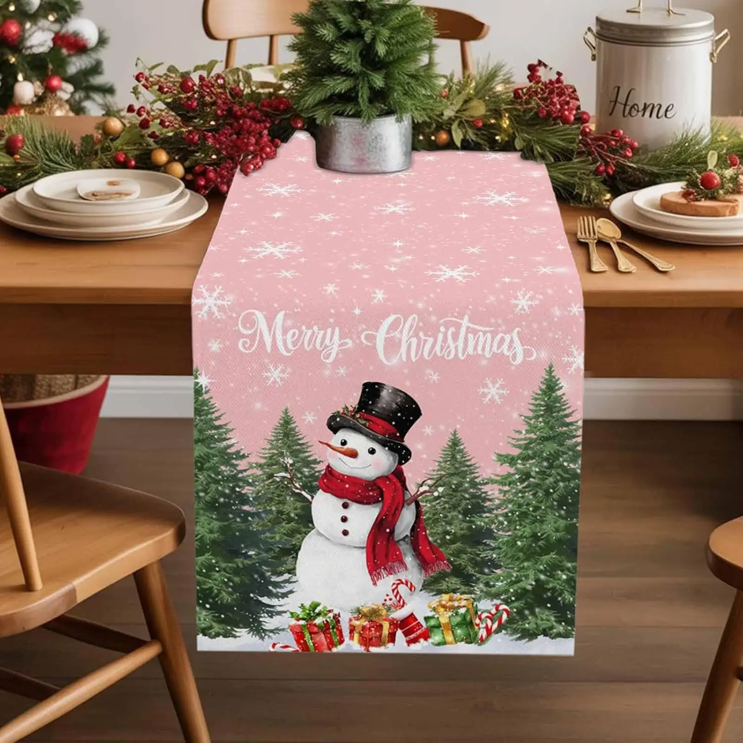 Christmas Snowman Xmas Tree Snowflake Table Runner Party Decor Reusable Winter Kitchen Dining Table Runner Christmas Decoraitons