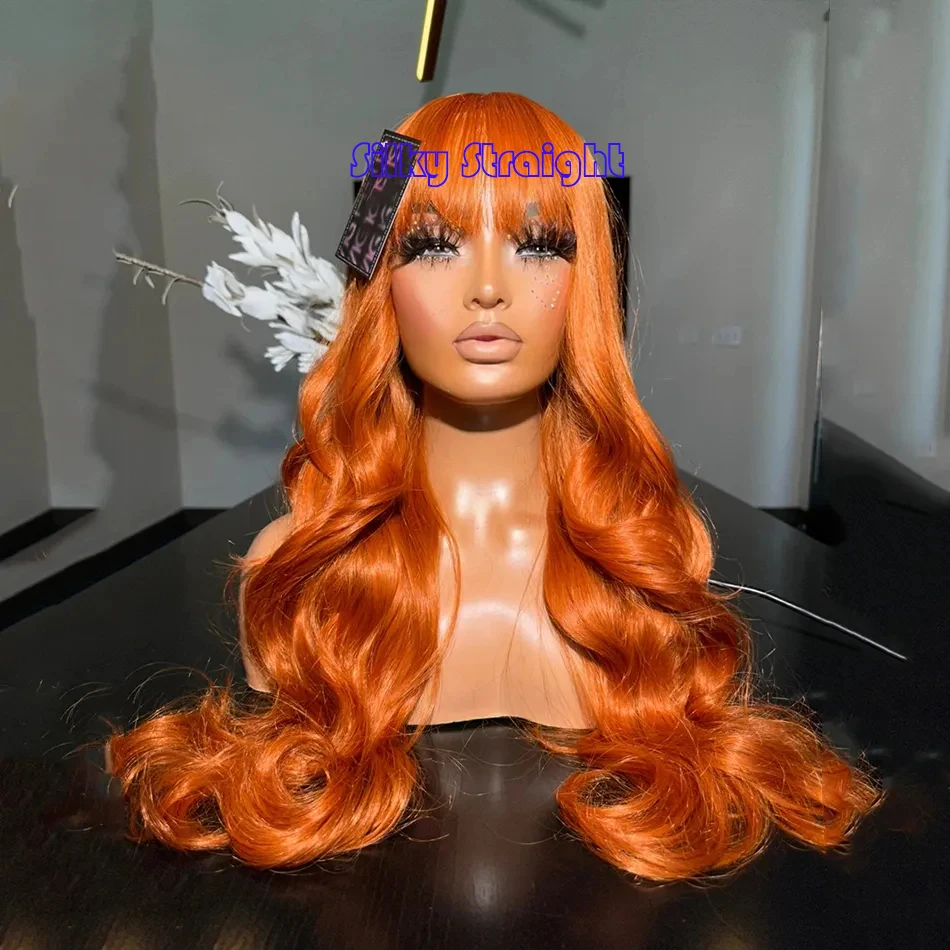 ZXBMALWIGS Synthetic 13X4  Straight Orange Bangs Hair Lace Front Wigs for Women Glueless Cosplay Hair Heat Resistant Fiber
