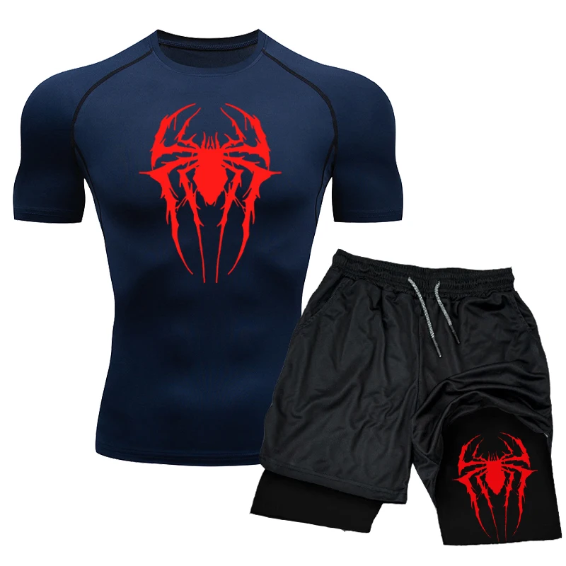 Spider Print Compression Shirt Set Summer Casual Tracksuit 2PCS Men\'s Athletic Tight Quick Dry Tee+Workout Double-Layer Shorts