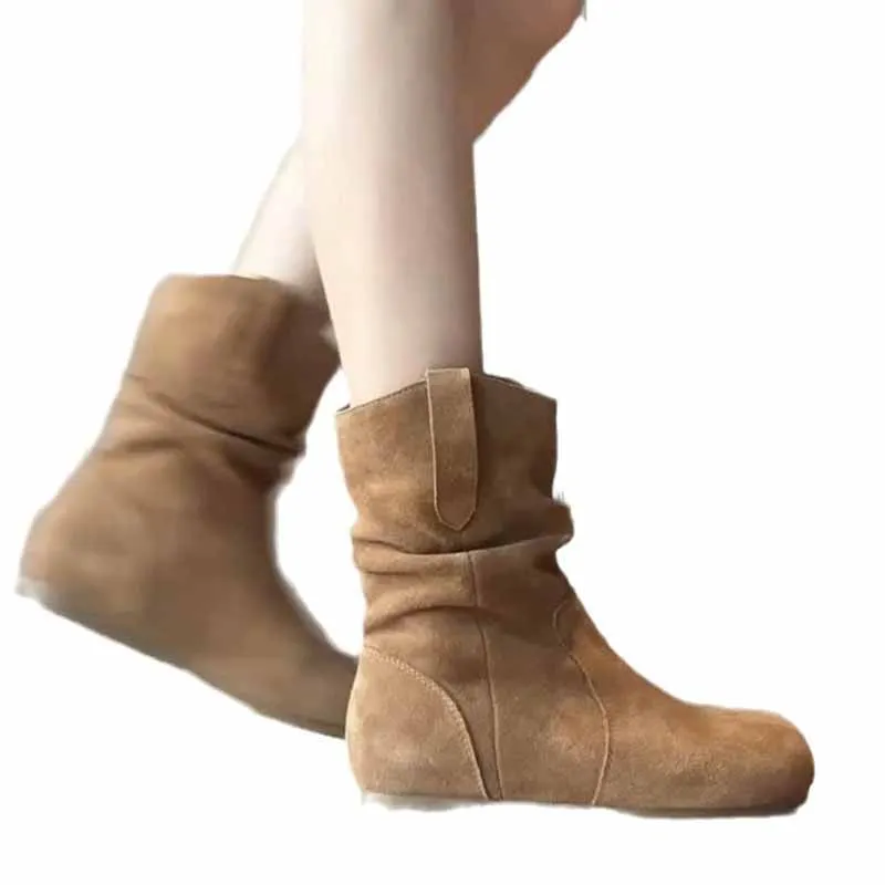 Botas de invierno para mujer y niña, botines clásicos flexibles sin cordones de gamuza caqui y Camel, elegantes y cómodos de cuero de diseñador Retro