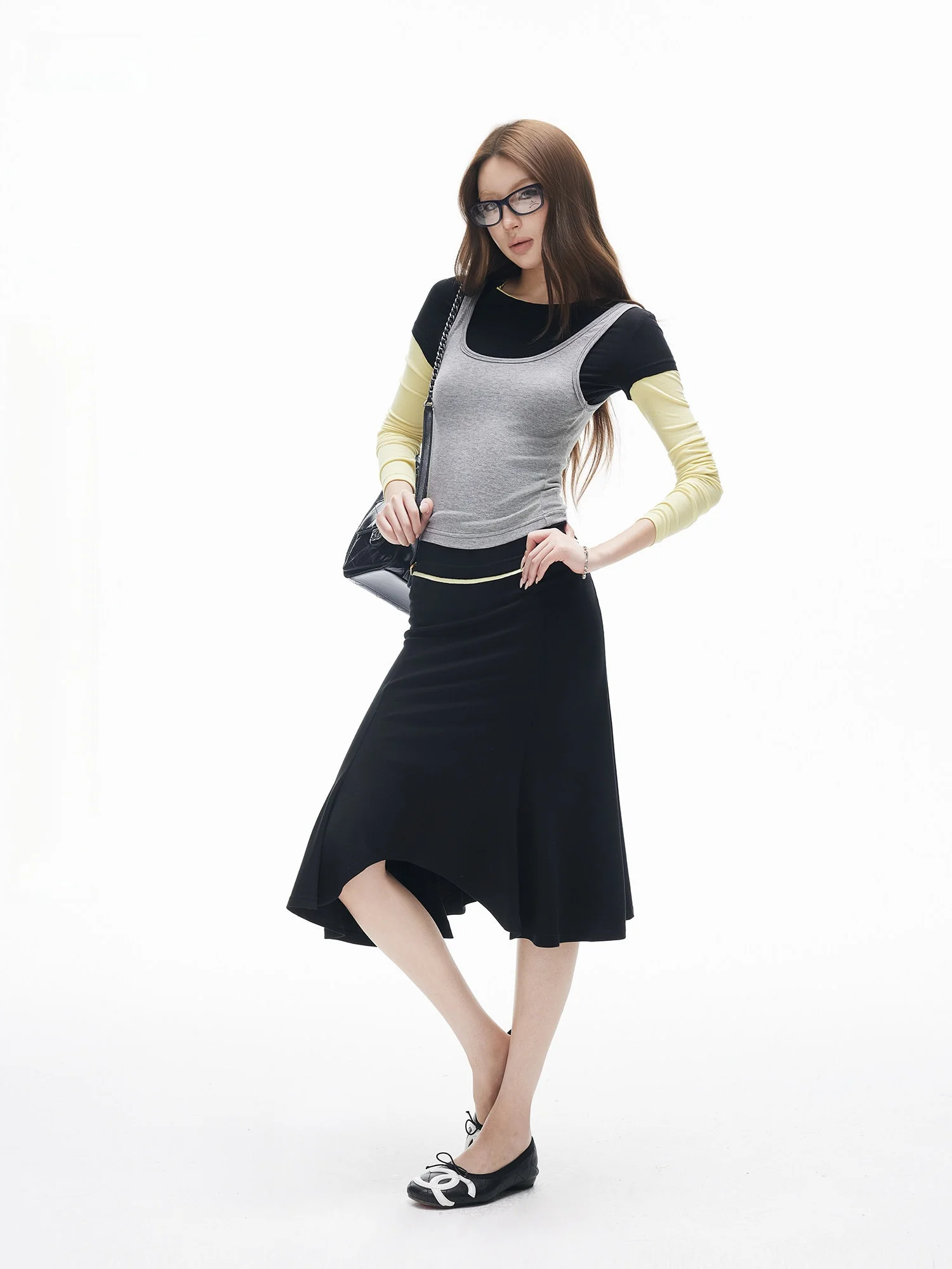 

Soft Ruffled Long Sve round Ne Vest Layered Tee Piece Deconstructed Women's Slim Fit Top Casual Sle Spring Faion