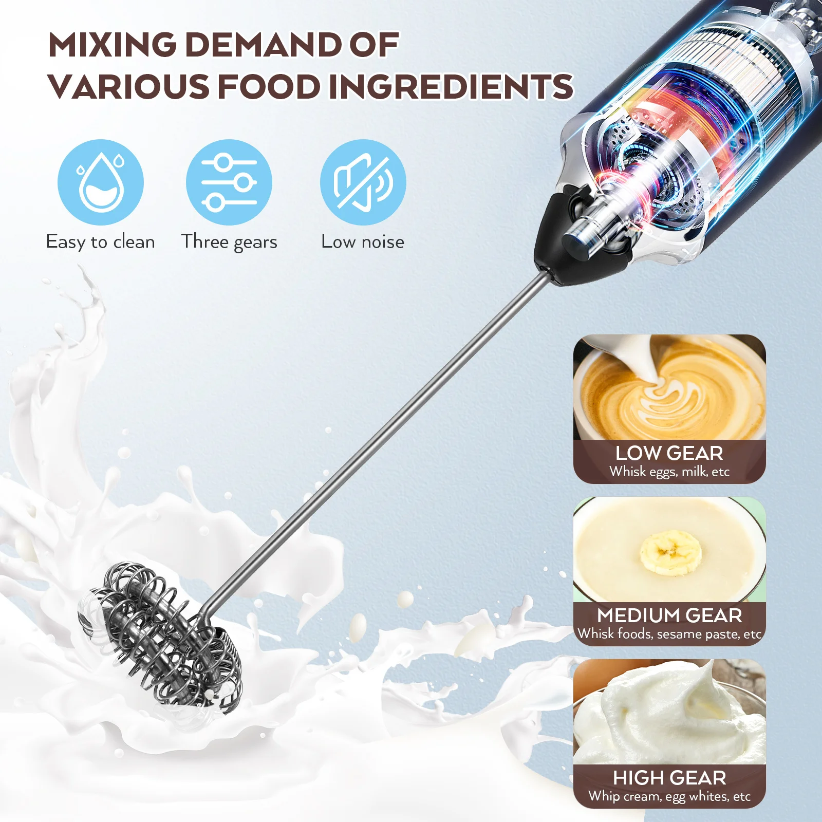 

Electric Whisk Stainless Steel -Operated Portable Drink Mixer 3 Speed Handheld Frother For Coffee Milk Foam Egg