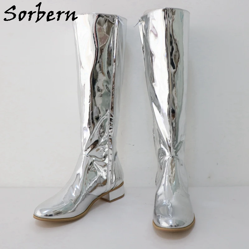 Sorbern Silver Metallic Knee High Boots Women Hoof Heels Low Heeled Round Toe Unisex Style Dance Boot Shoes Size Up To Eu48