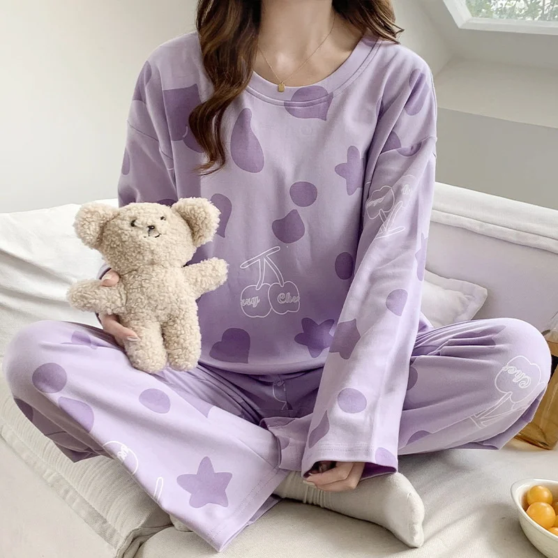 Conjunto de pijama de mangas compridas feminino, calças de algodão, terno doce para casa, estampa fofa, primavera, outono, inverno, novo