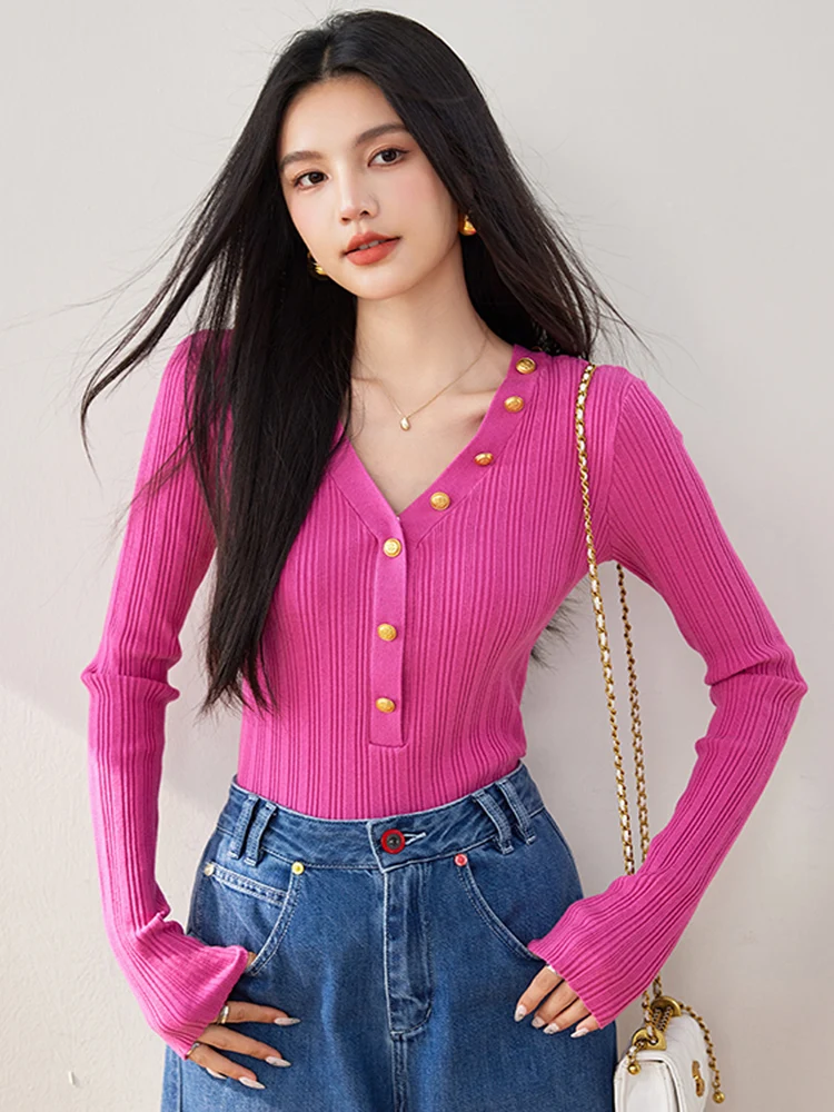 Autumn Fashion Women Sexy V-Neck Golden Button Knitted Sweater  Korean Ladies Soft Slim Elastic Long Sleeve Female Pullover Tops