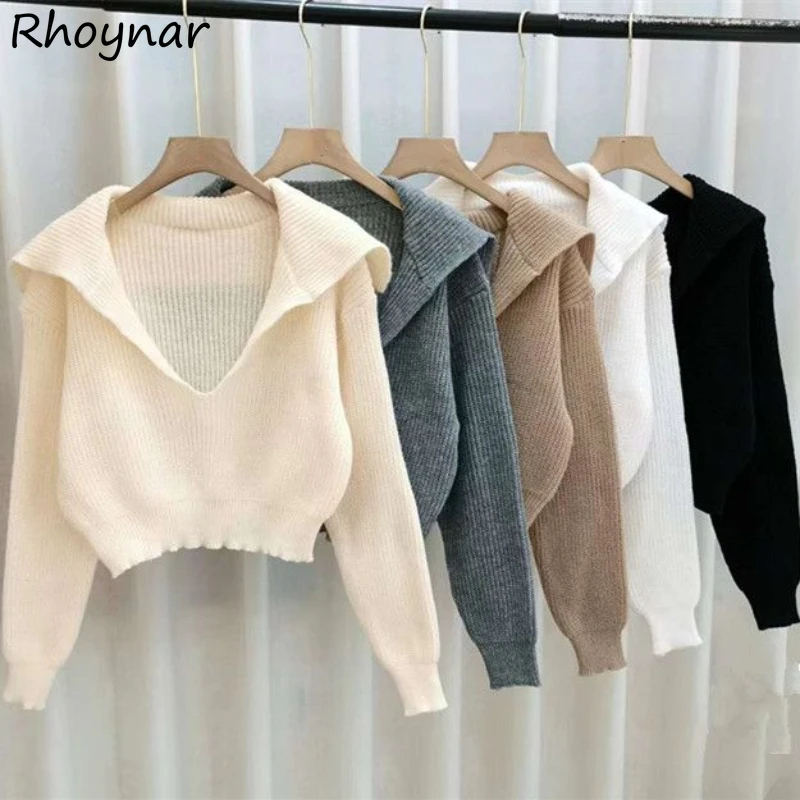 Women's Pullovers V-neck Crop 5 Colors Sweaters College Sweet Autumn Gentle French Style Knitwear All-match Chic Daily Leisure