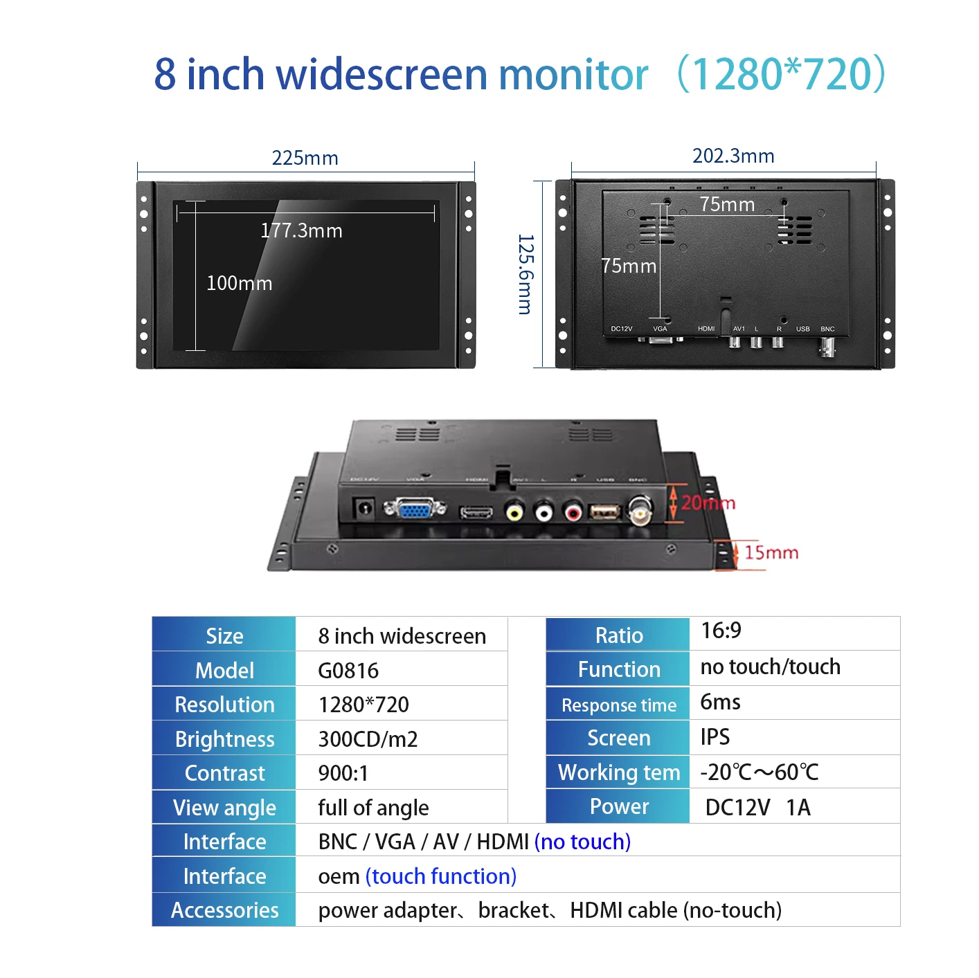 Imagem -05 - Lcd Led Monitor de Toque Industrial Widescreen 1280x720 Caixa de Metal Tela de Quadro Aberto Hdmi Vga Usb Bnc av