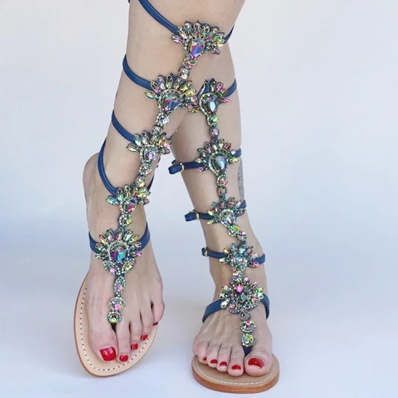 2024 Roman Rhinestone New Women Summer New Jelly Sandals Bling Knee High Sandals Ladies Outdoor Beach Sandals Flat Shoes