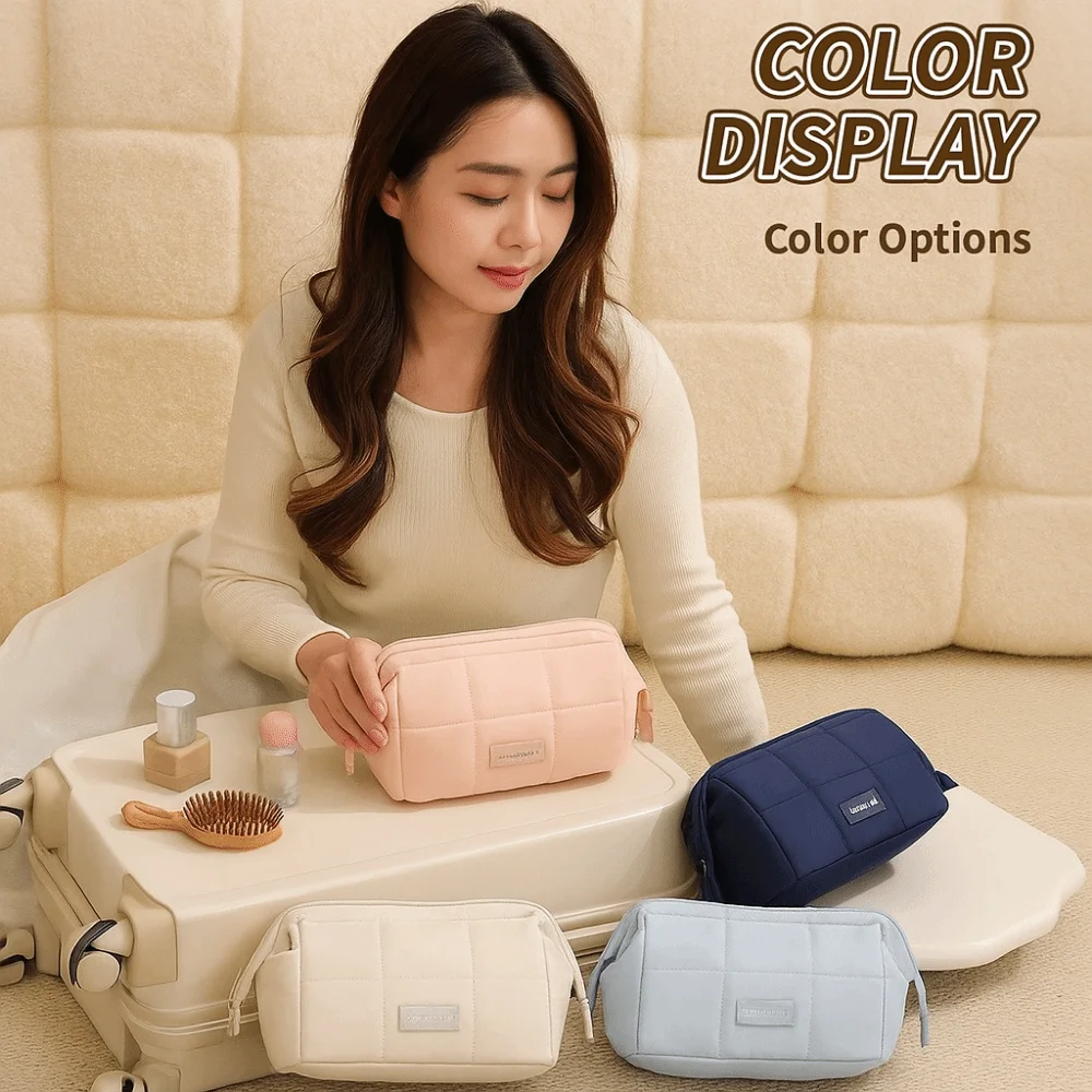 

Wide-open Women Cosmetic Bag Puffy Padded Handheld Makeup Organizer Large Capacity Multifunction Toiletry Storage Bag Outdoor